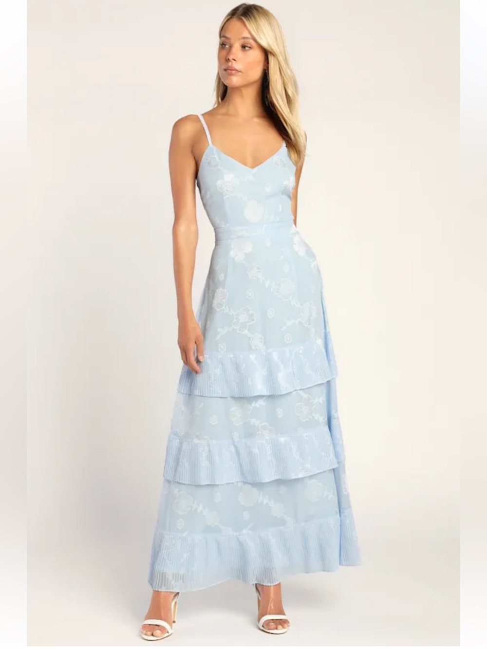 Lulu's Beaming Babe Light Blue Floral Jacquard Tiered Ruffle Maxi Dress
